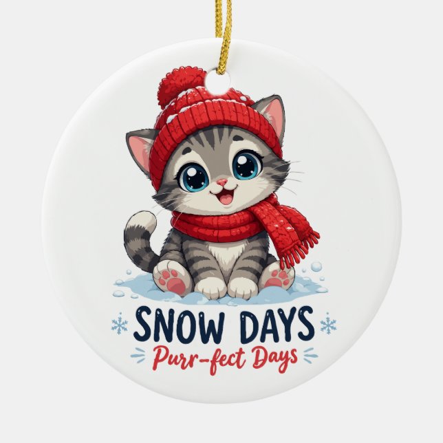Cute Winter Kitten Snow Days Ceramic Ornament (Front)