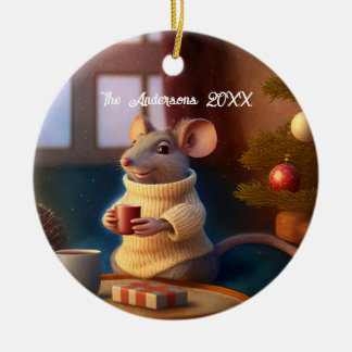 Cute Winter Mouse Drinking a tea Ceramic Ornament