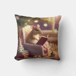 Cute Winter Mouse reading a book Throw Pillow
