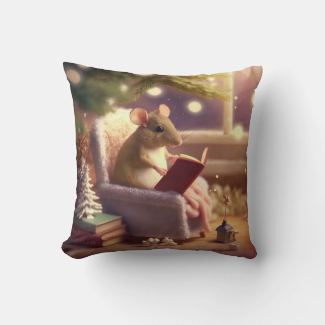 Cute Winter Mouse reading a book Throw Pillow (Front)