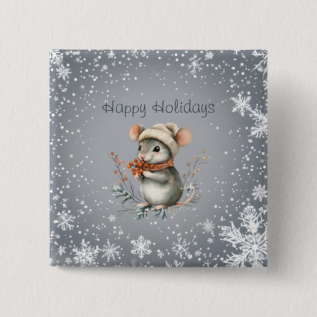 Cute Winter Mouse with Berries 15 Cm Square Badge (Front)