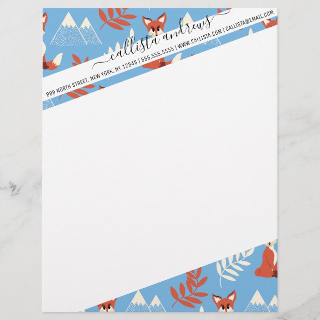Cute Winter Orange Fox Mountains Leaf Pattern Custom Letterhead (Front)