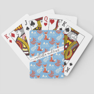 Cute Winter Orange Fox Mountains Leaf Pattern Playing Cards