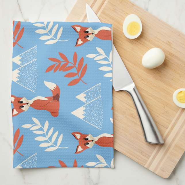 Cute Winter Orange Fox Mountains Leaf Pattern Tea Towel (Quarter Fold)