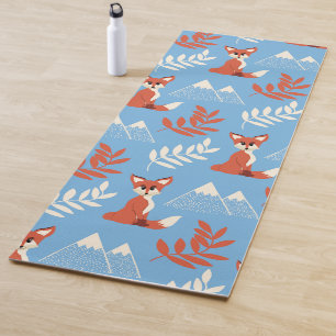 Cute Winter Orange Fox Mountains Leaf Pattern Yoga Mat