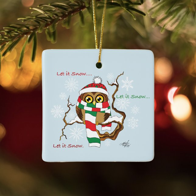 Cute Winter Owl Blue Snowflakes Holidays  Ceramic Ornament (Creator Uploaded)