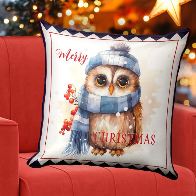 Cute Winter Owl Christmas Animal Art Cushion (Christmas pillow featuring a watercolor painting with a cute owl in warm winter outfit)