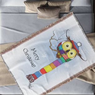 Cute Winter Owl Rainbow Scarf Hat Whimsical Snow Throw Blanket