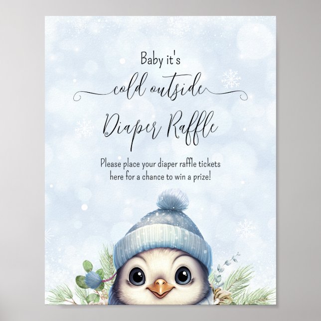 Cute Winter Penguin Blue Baby Shower Sign (Front)