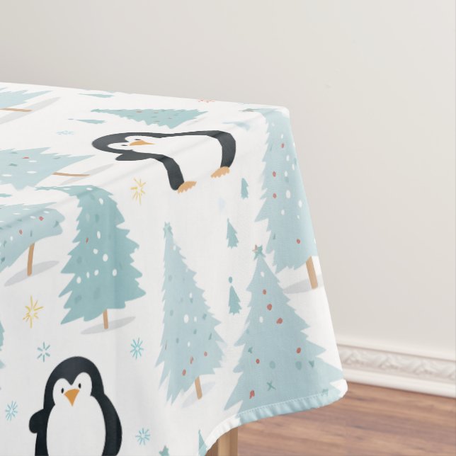 Cute Winter Penguin Christmas Blue Tablecloth (In Situ)