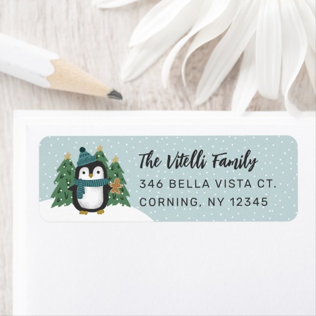 Cute Winter Penguin Christmas Return Address  Label (Insitu)