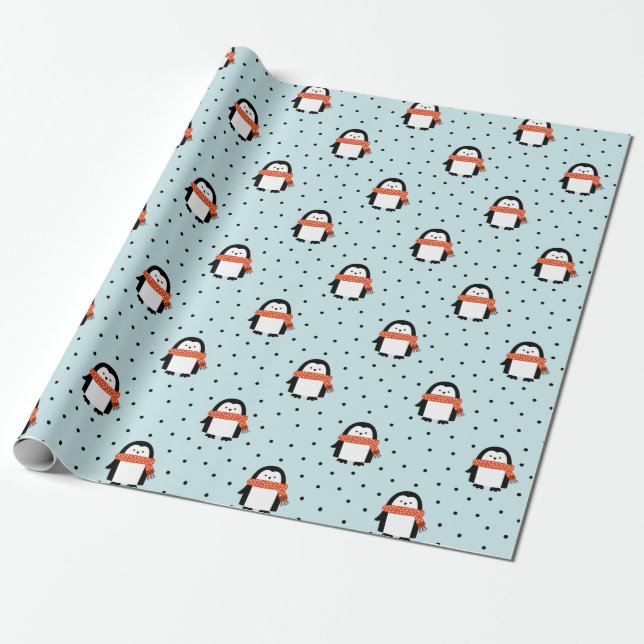 Cute Winter Penguin Christmas Wrapping Paper (Unrolled)