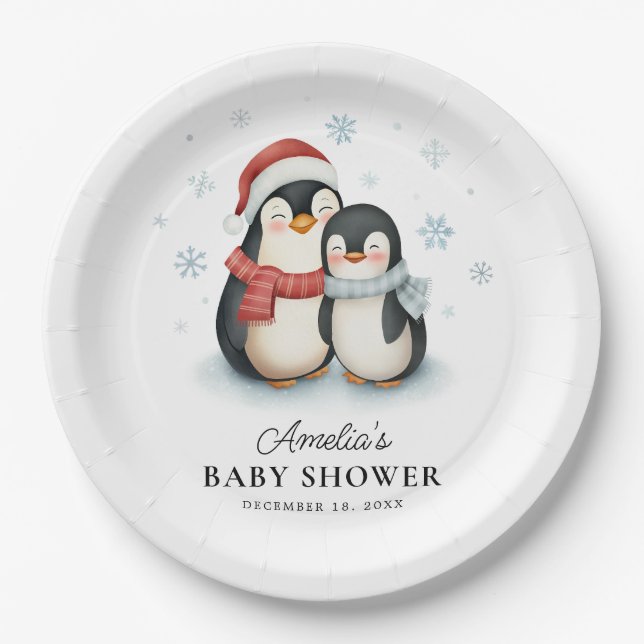 Cute Winter Penguin Family Christmas Baby Shower Paper Plate (Front)