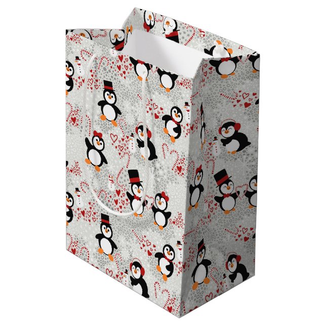Cute Winter Penguin Hearts Pattern Medium Gift Bag (Back Angled)
