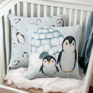 Cute winter penguin igloos snow illustration cushion