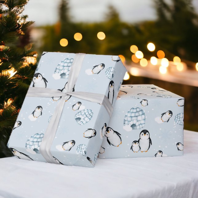 Cute winter penguin igloos snow illustration wrapping paper (Cute winter penguin igloos snow illustration wrapping paper)
