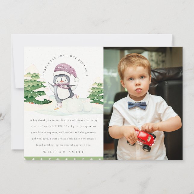 Cute Winter Penguin Kids Photo Any Age Birthday Thank You Card (Front)