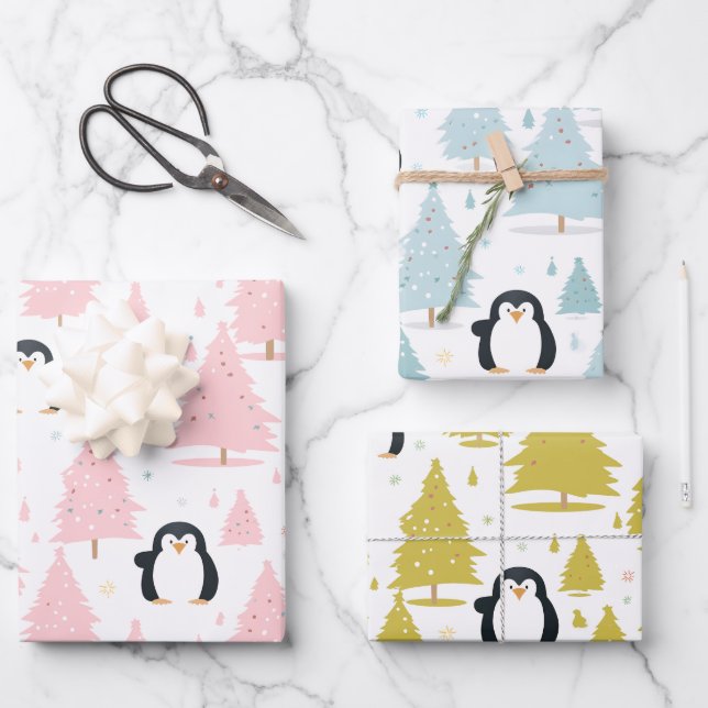 Cute Winter Penguin Pink Christmas Wrapping Paper Sheet (Front)