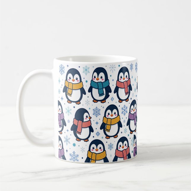 Cute Winter Penguin Scarf Pattern Coffee Mug (Left)