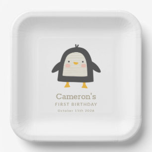 Cute Winter Penguin Simple 1st Birthday Paper Plate