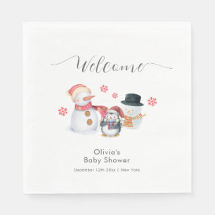 Cute Winter Penguin Snowman Baby Shower Welcome Napkin