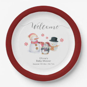 Cute Winter Penguin Snowman Baby Shower Welcome Paper Plate