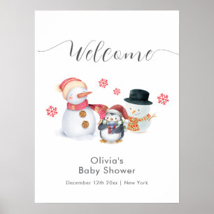 Cute Winter Penguin Snowman Baby Shower Welcome  Poster