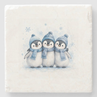 Cute Winter Penguin Trio Can Cooler | Adorable Blu Stone Coaster