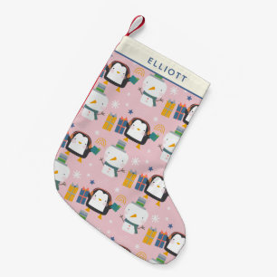 Cute Winter Penguins and Snowman Pink Personalised Small Christmas Stocking