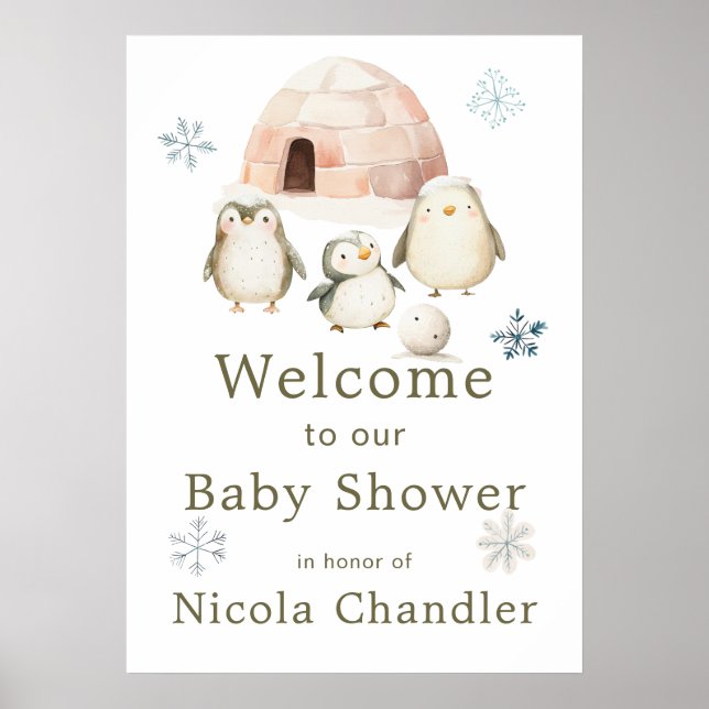Cute Winter Penguins Baby Shower  Poster (Front)