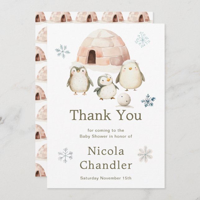 Cute Winter Penguins Baby Shower  Thank You Card (Front/Back)