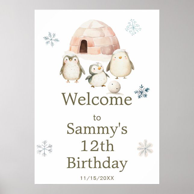 Cute Winter Penguins Birthday Party Poster (Front)