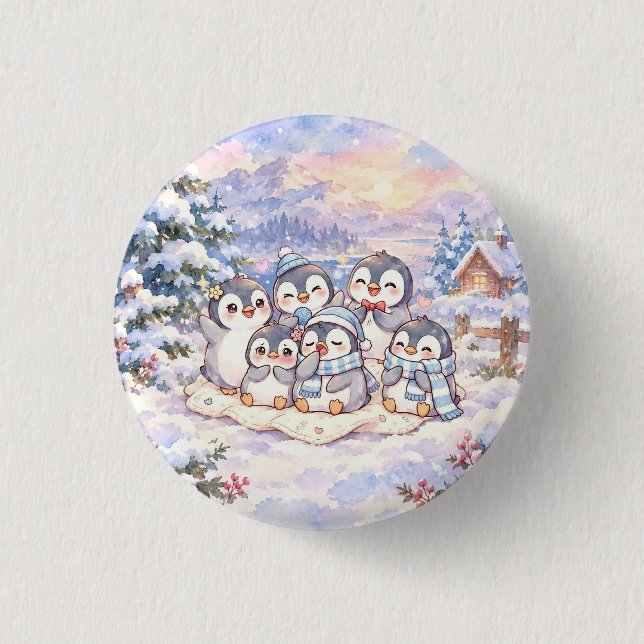 Cute Winter Penguins Button (Front)