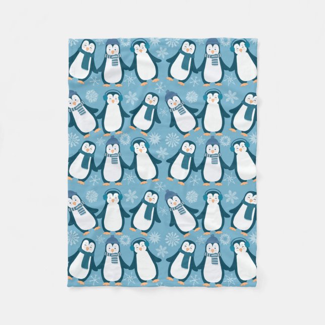 Cute Winter Penguins Design Fleece Blanket (Front)