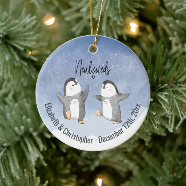 Cute Winter Penguins Monogrammed Newlyweds Ceramic Ornament (Tree)