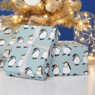 Cute Winter Penguins on Powder Blue Pattern Wrapping Paper