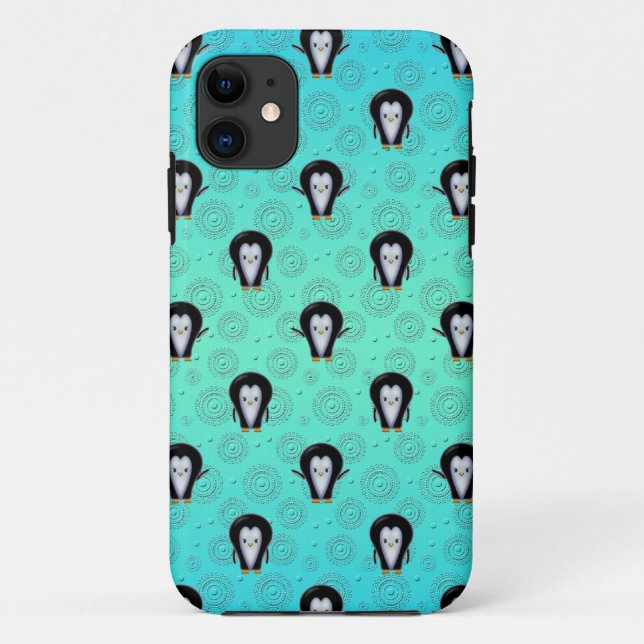 Cute Winter Penguins over Teal and Mint Green Case-Mate iPhone Case (Back)