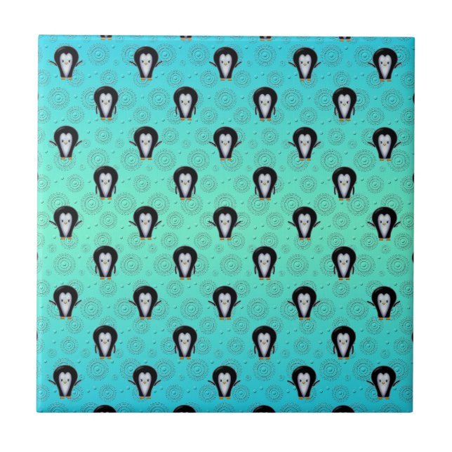 Cute Winter Penguins over Teal and Mint Green Ceramic Tile (Front)