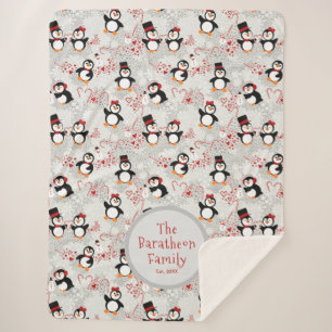Cute Winter Penguins Personalised Family Name Sherpa Blanket