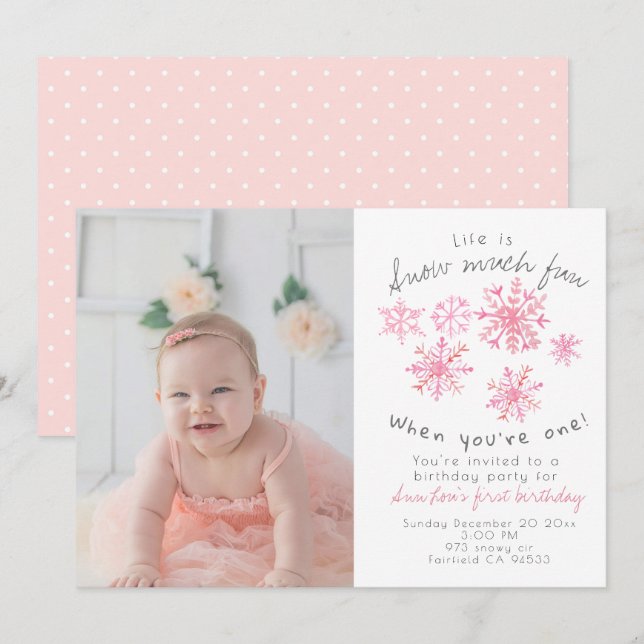 Cute winter Pink snowflake 1st birthday invite (Front/Back)