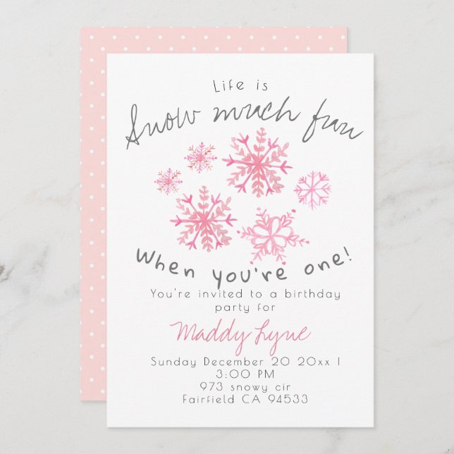 Cute winter pink snowflake 1st birthday invite (Front/Back)
