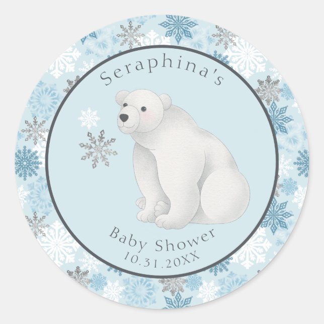 Cute Winter Polar Bear Baby Shower Classic Round Sticker (Front)