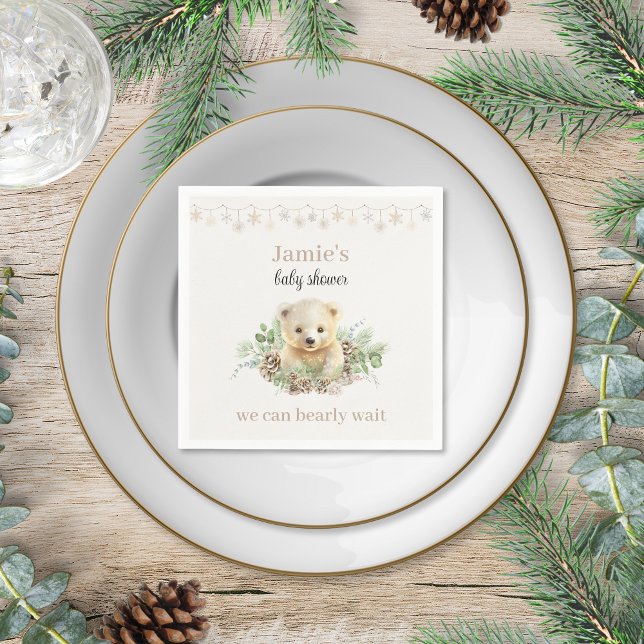 Cute Winter Polar Bear Gender Neutral Baby Shower Napkin (cute creamy white beige polar bear winter baby shower cocktail napkins personalized christmas theme)