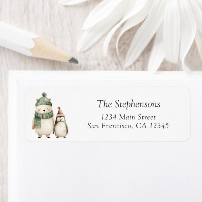 Cute Winter Polar Bear Penguin Return Address Label (Insitu)