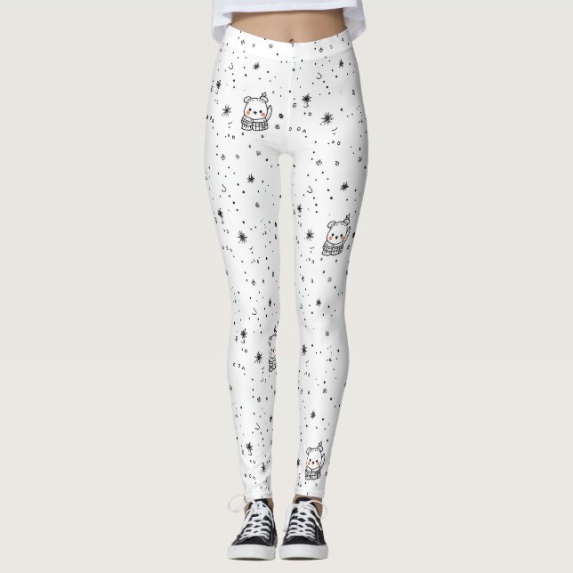 Cute Winter Polar Bear Snowflake Leggings (Front)