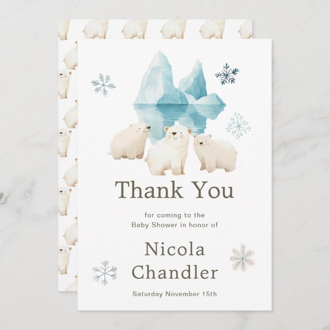Cute Winter Polar Bears Baby Shower Thank You Card (Front/Back)