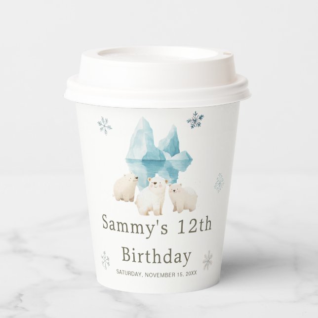 Cute Winter Polar Bears Birthday Party Paper Cups (Front)