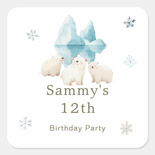 Cute Winter Polar Bears Birthday Party Square Sticker (Front)