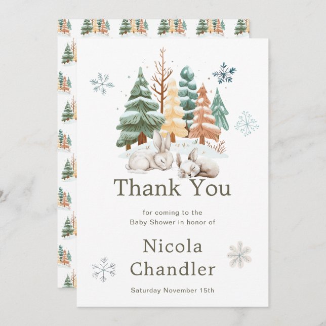 Cute Winter Rabbits Baby Shower  Thank You Card (Front/Back)