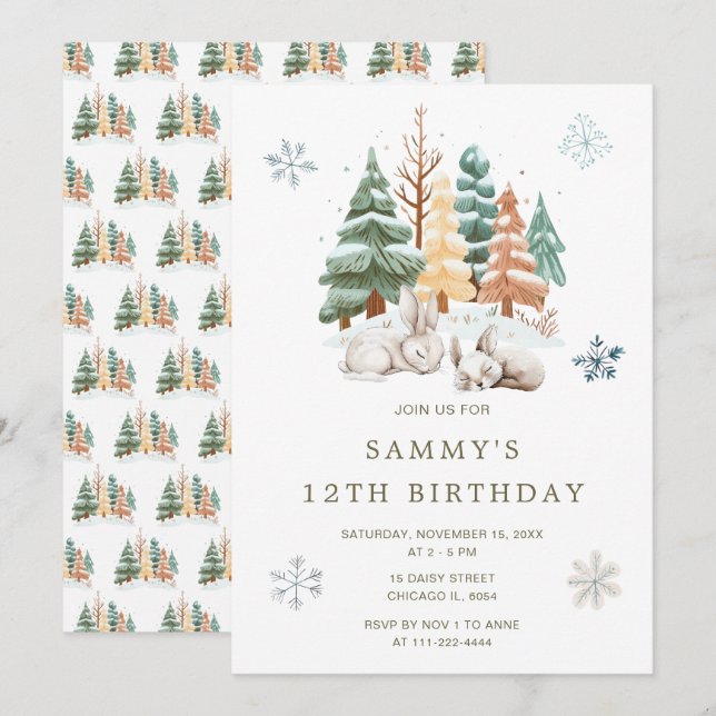 Cute Winter Rabbits Birthday Party Invitation (Front/Back)